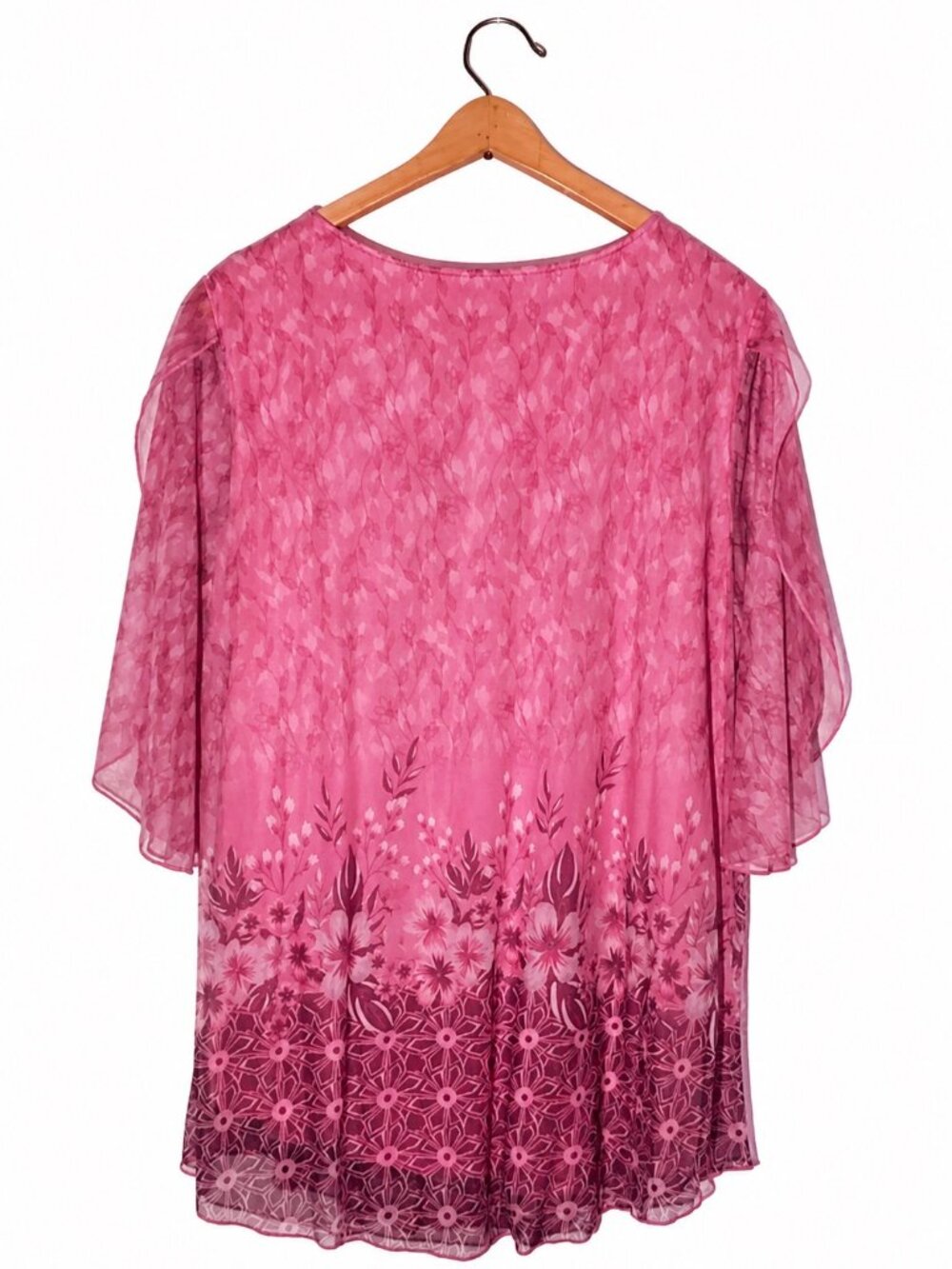Floral Print Pink Chiffon Flutter Sleeve Top Womens Size XL - Picture 3 of 3